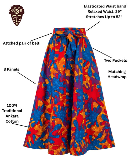Side view of African print 41-inch maxi skirt showing pockets and eight-panel design