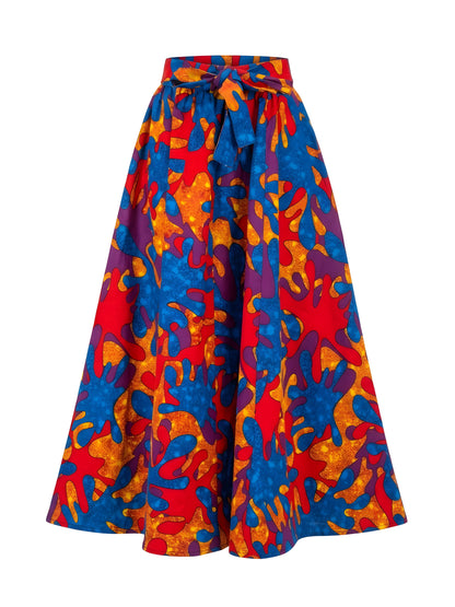 Back view of long African print cotton maxi skirt with eight-panel construction