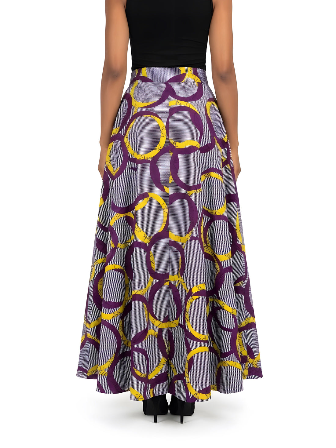 Back view of long African print cotton maxi skirt with eight-panel construction