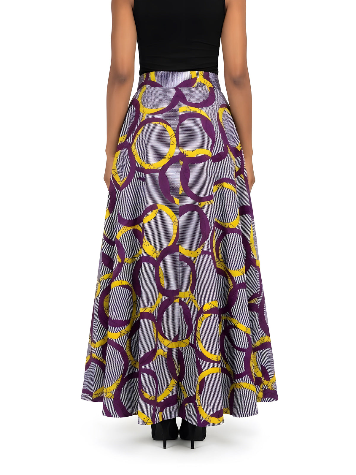 Back view of long African print cotton maxi skirt with eight-panel construction