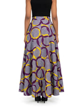 Back view of long African print cotton maxi skirt with eight-panel construction