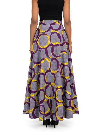 Back view of long African print cotton maxi skirt with eight-panel construction