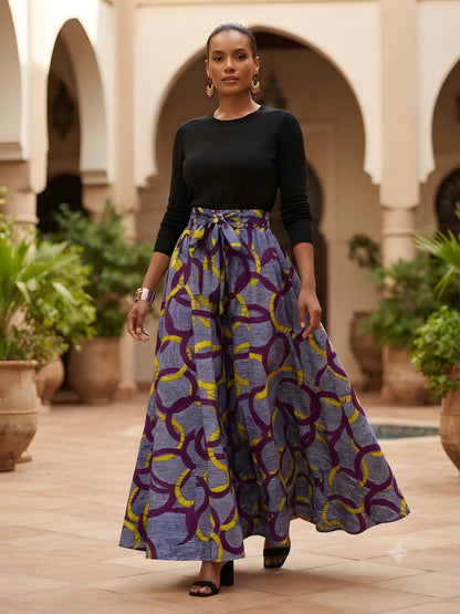 Model wearing African print maxi skirt with matching headwrap styled with a coordinating top