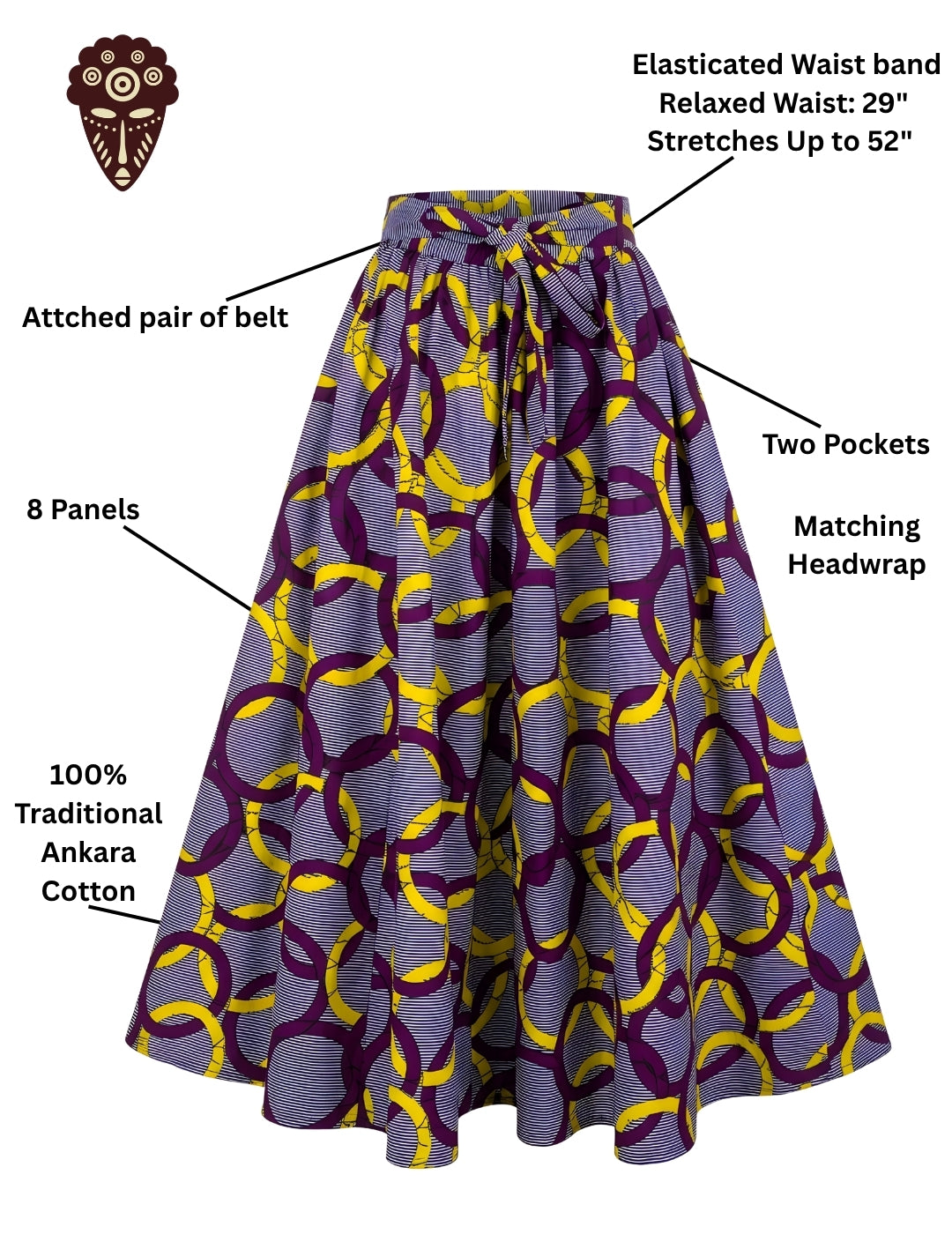 Side view of African print 41-inch maxi skirt showing pockets and eight-panel design