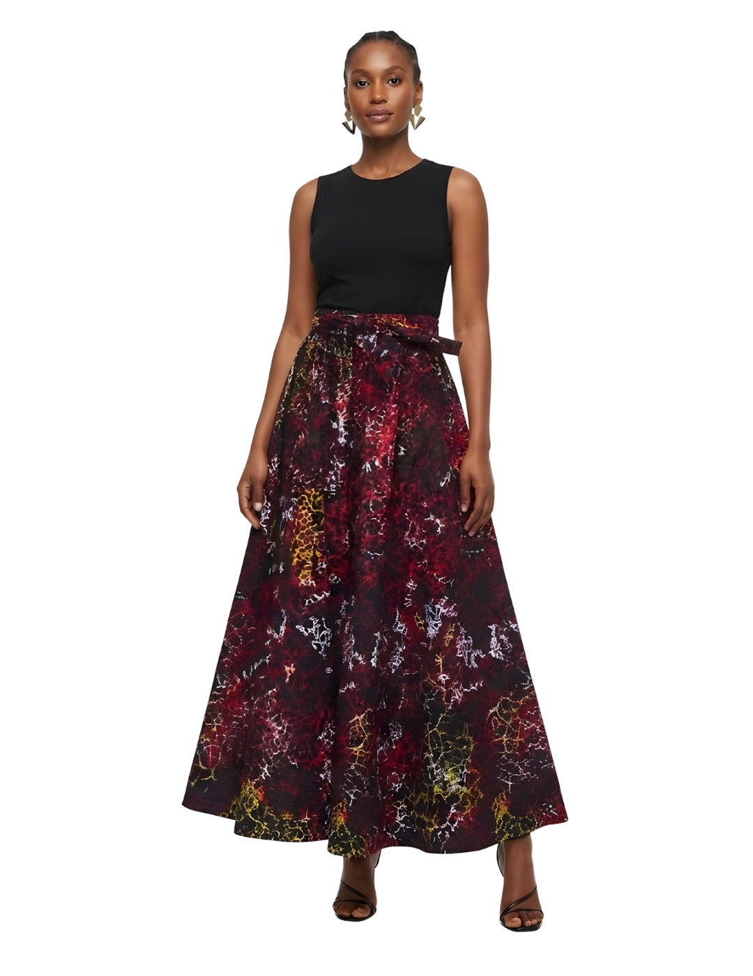 African print 8-panel maxi skirt for women with matching headwrap, front view