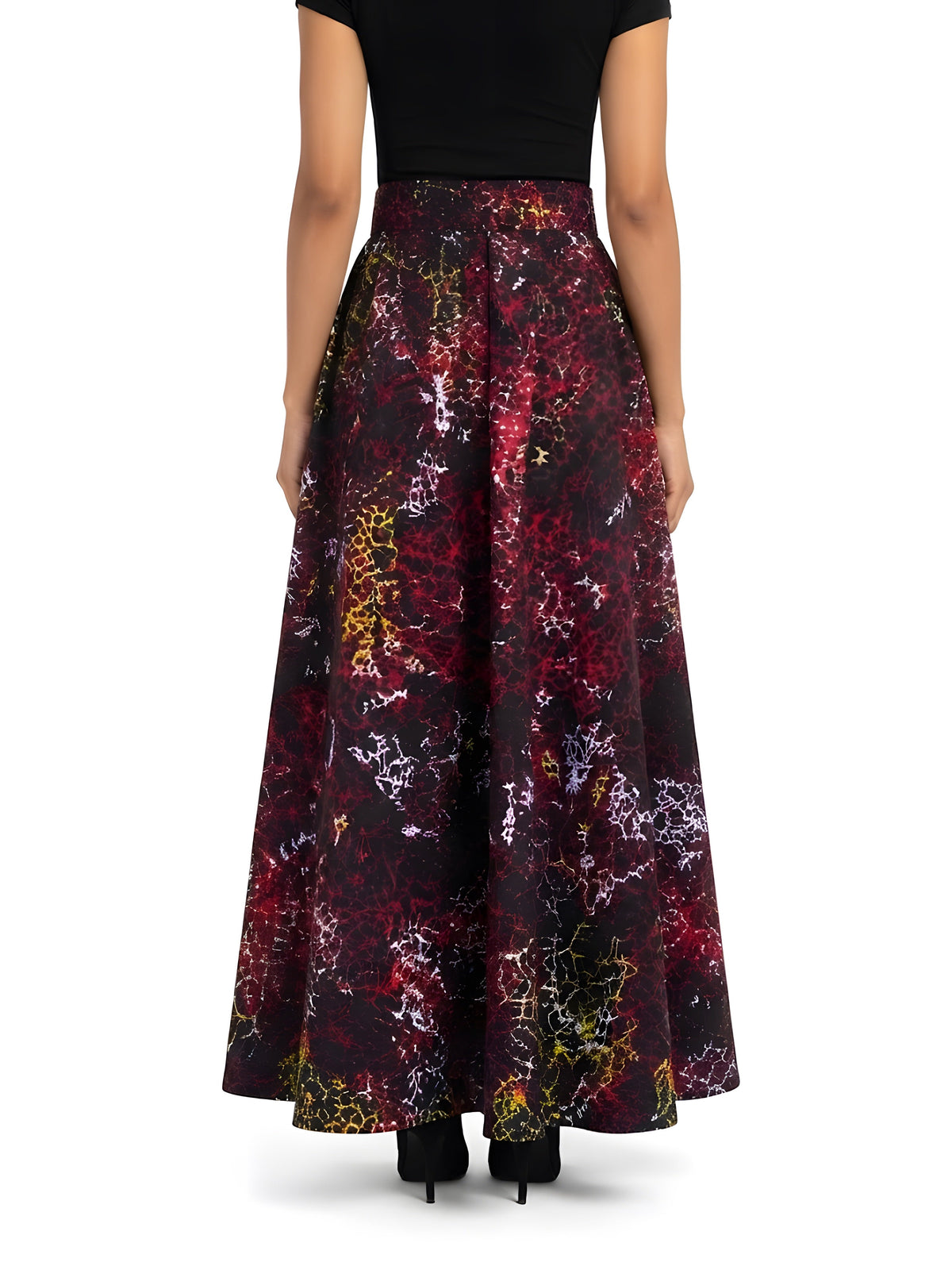 Back view of long African print cotton maxi skirt with eight-panel construction