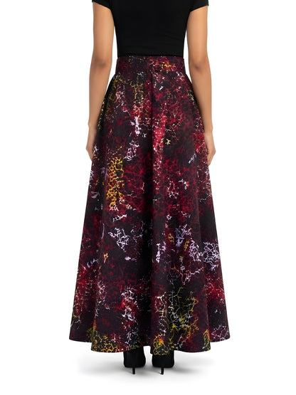 Back view of long African print cotton maxi skirt with eight-panel construction
