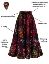 Back view of long African print cotton maxi skirt with eight-panel construction