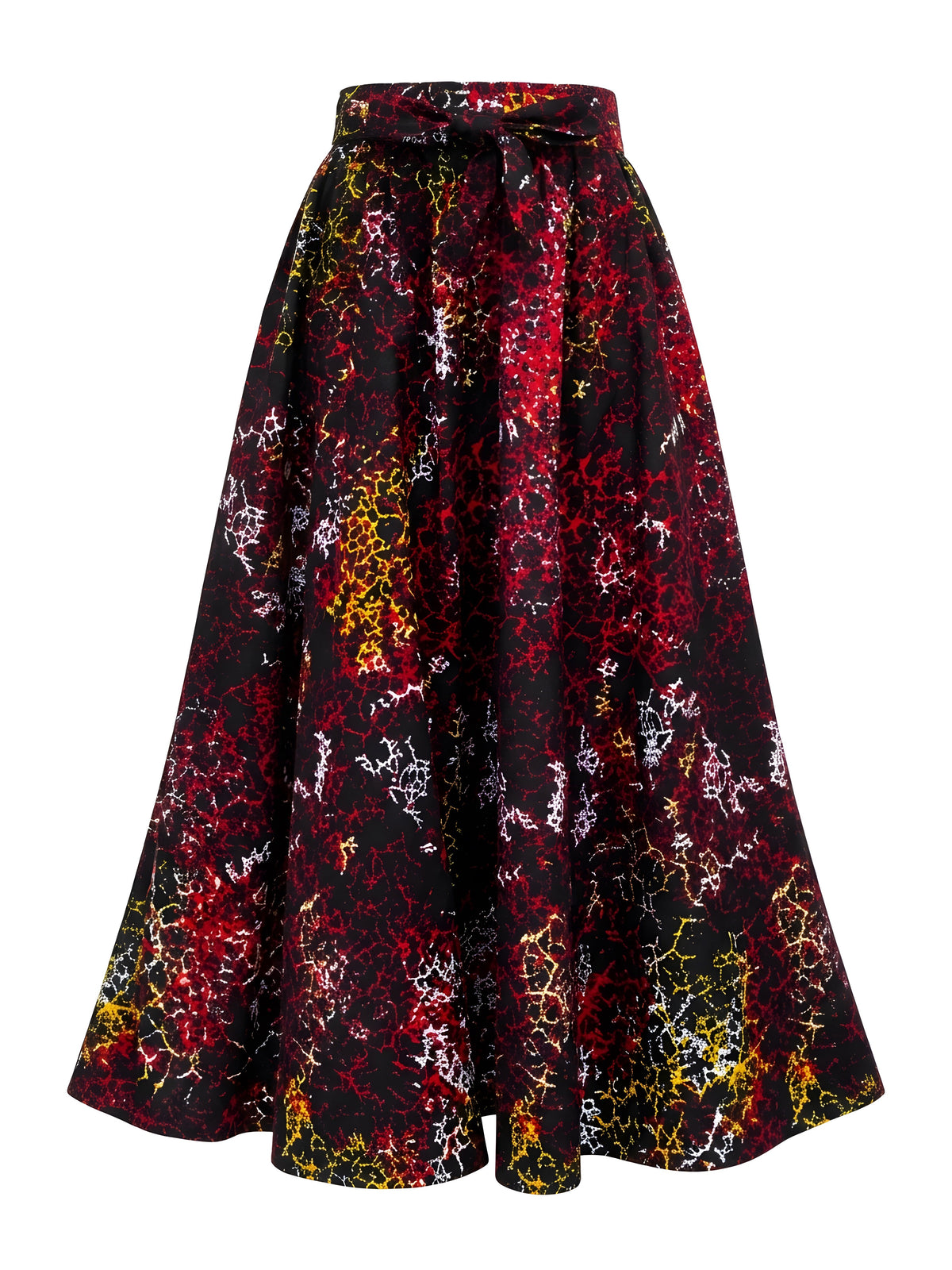 Side view of African print 41-inch maxi skirt showing pockets and eight-panel design