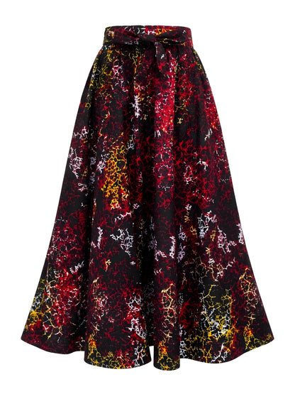 Side view of African print 41-inch maxi skirt showing pockets and eight-panel design