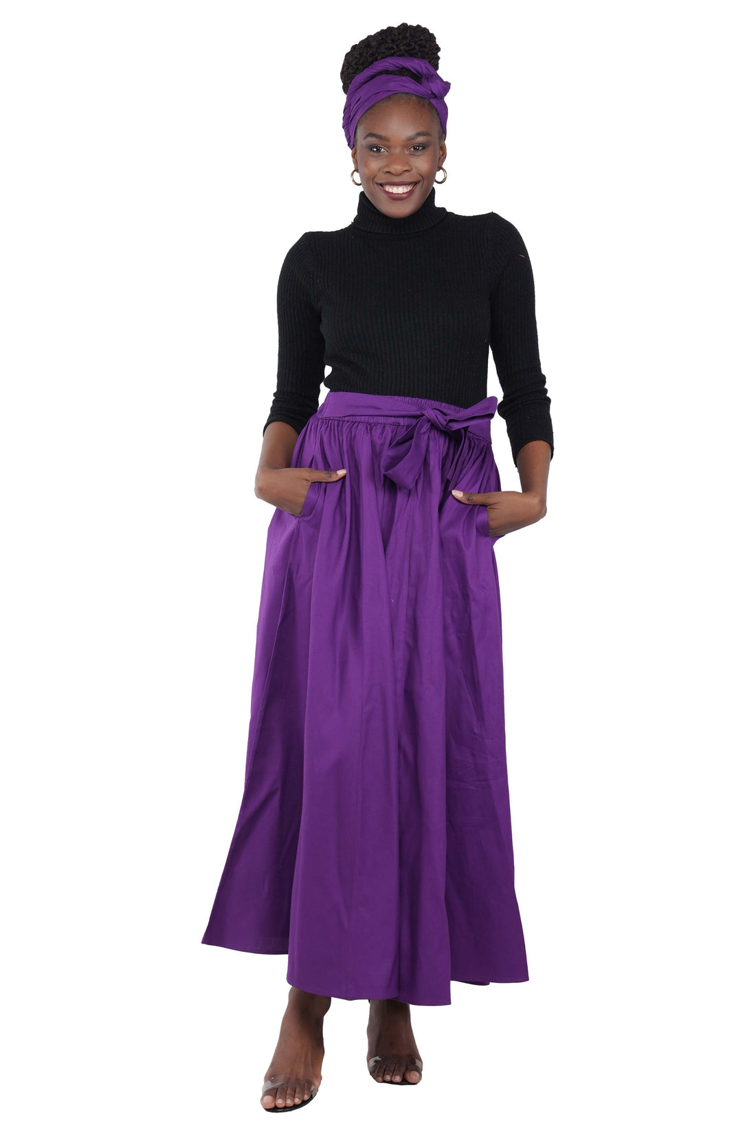 African Long Maxi Skirt 100% Cotton w/ Pockets &amp; Headwrap One Size 41” Length