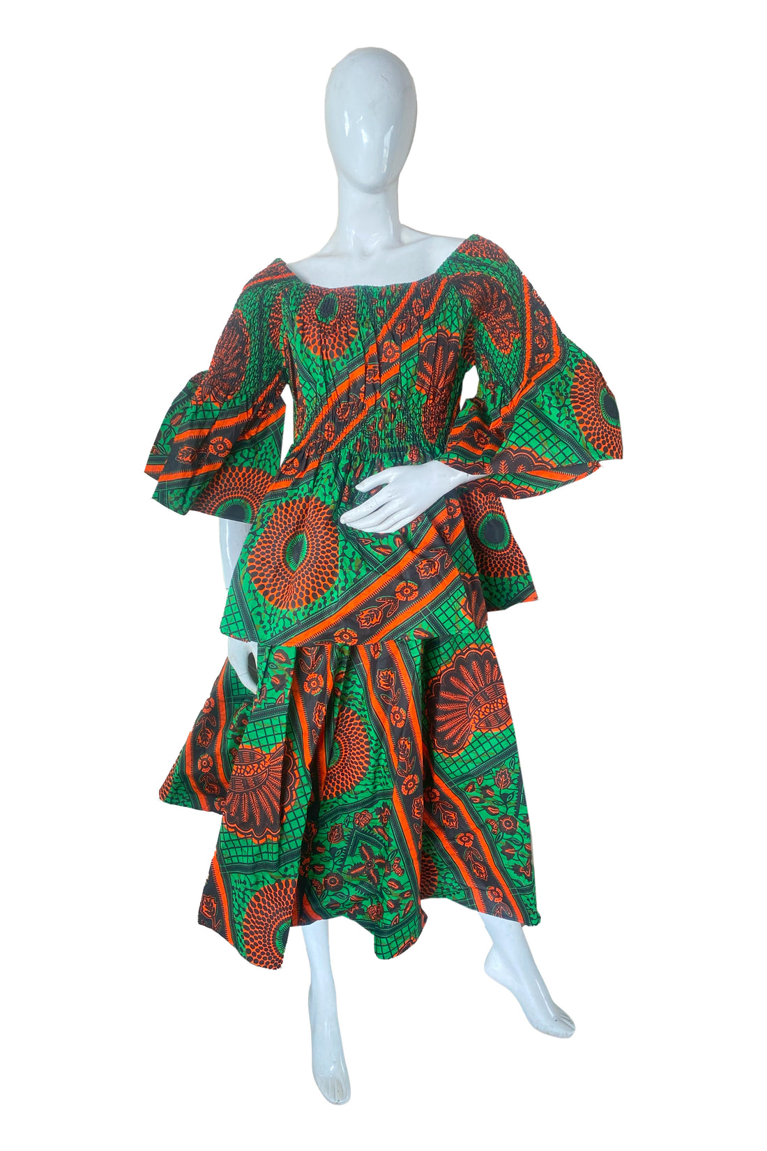 African Ladies Smocked Peplum Blouse &amp; Skirt Set with Headwrap | 100% Cotton