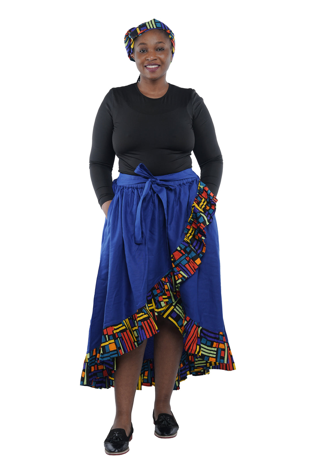 Denim African Trim High Low Ruffled Skirt