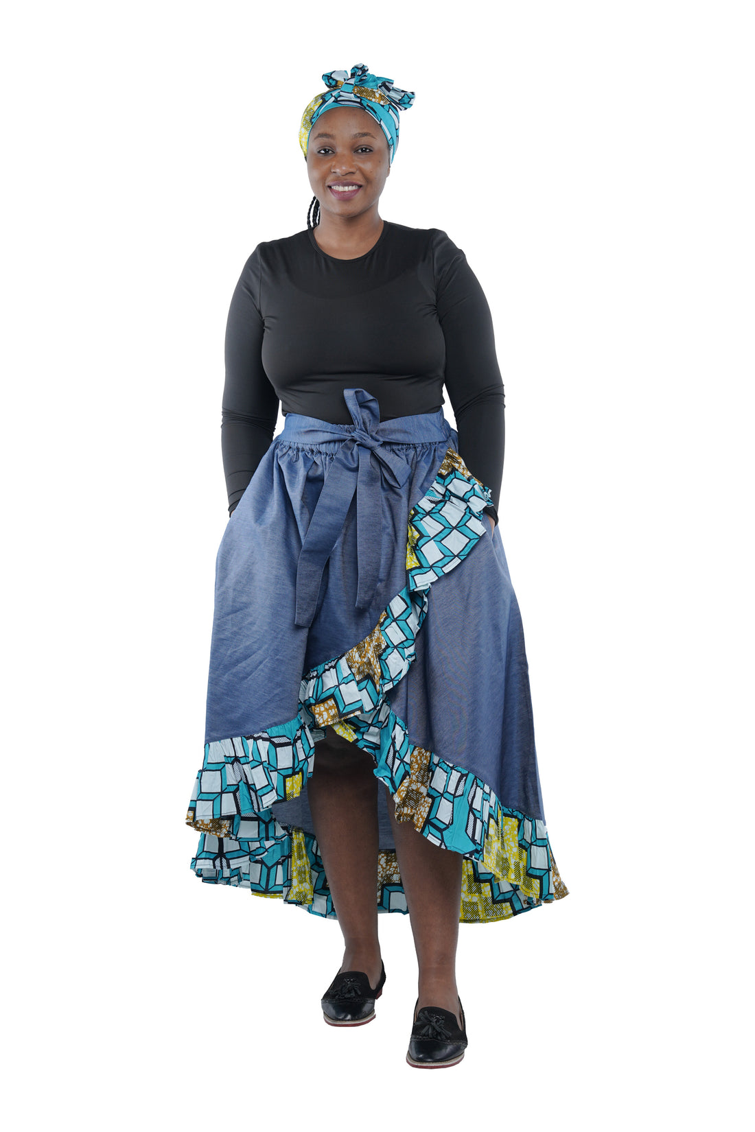 Denim African Trim High Low Ruffled Skirt