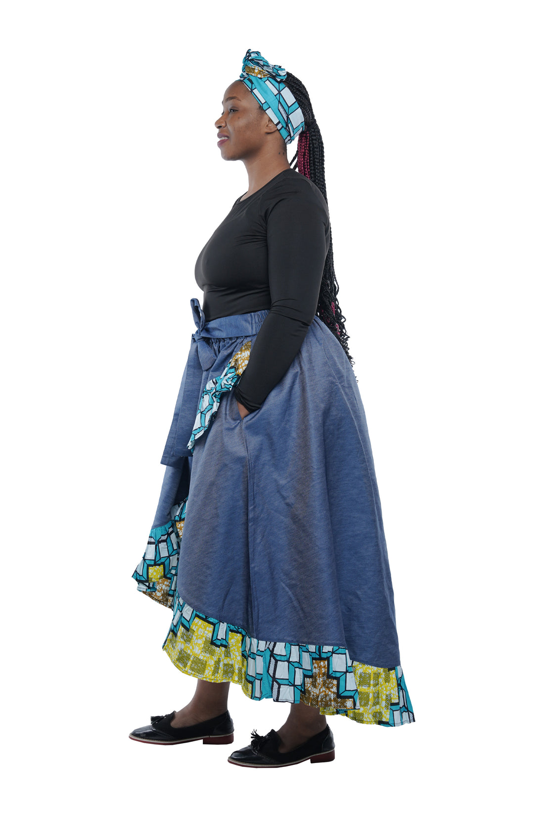 Denim African Trim High Low Ruffled Skirt