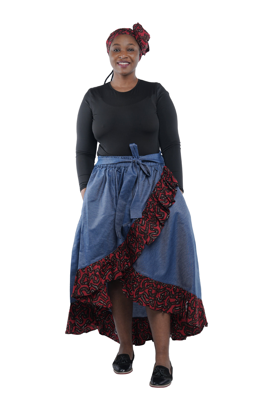 Denim African Trim High Low Ruffled Skirt