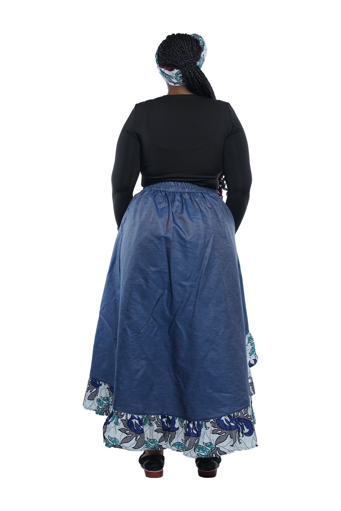 Denim African Trim High Low Ruffled Skirt