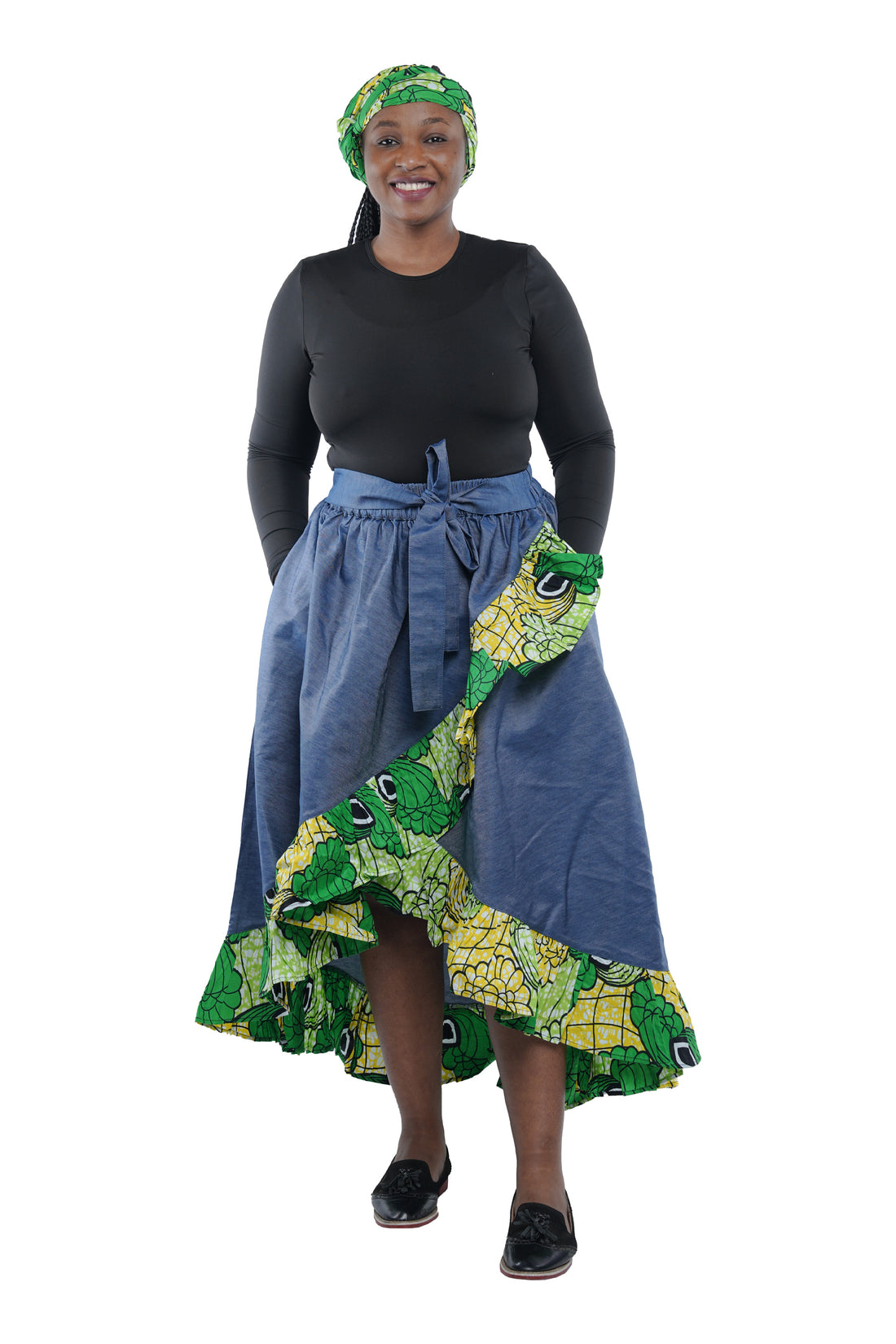 Denim African Trim High Low Ruffled Skirt