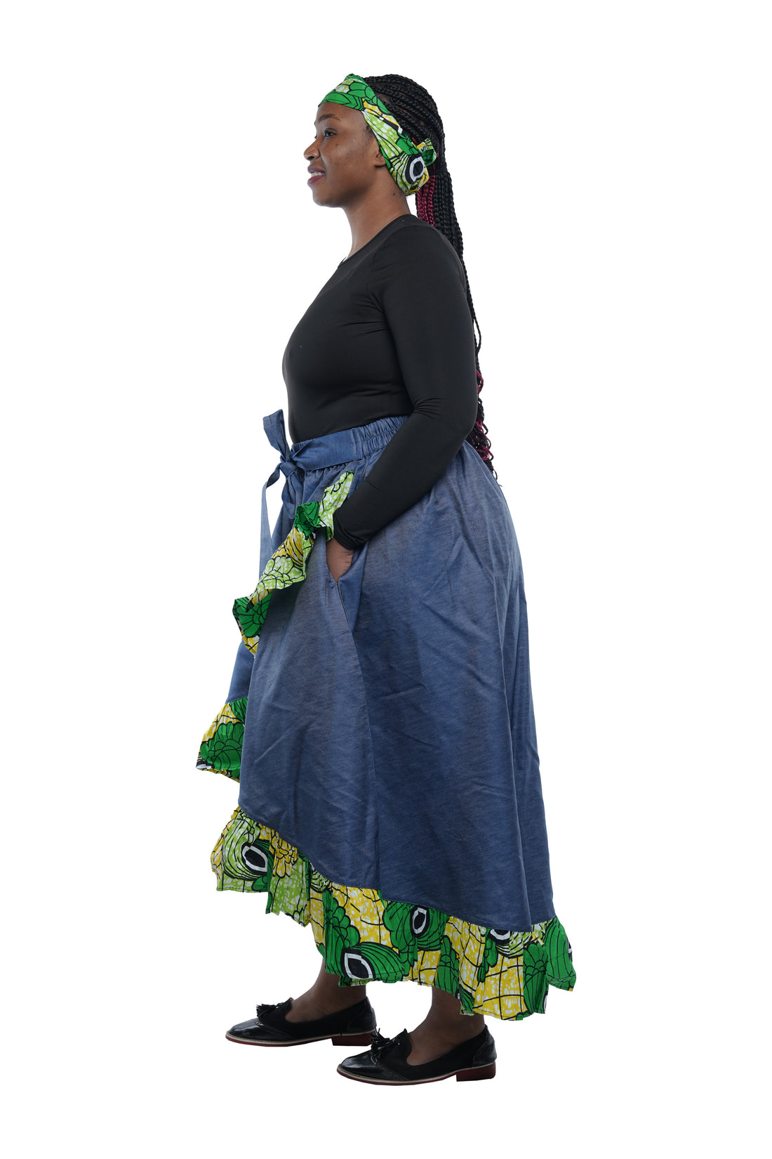 Denim African Trim High Low Ruffled Skirt