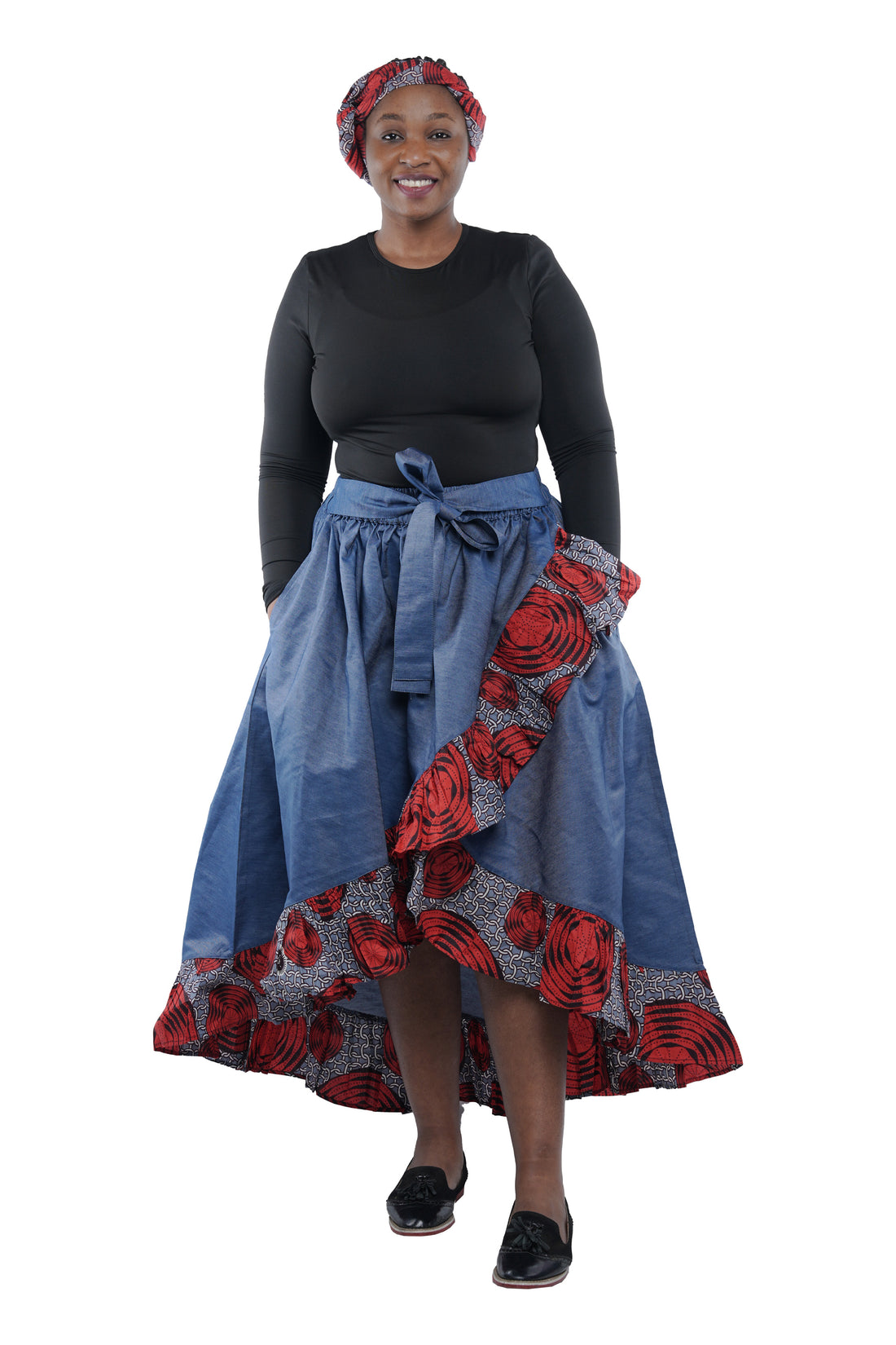 Denim African Trim High Low Ruffled Skirt
