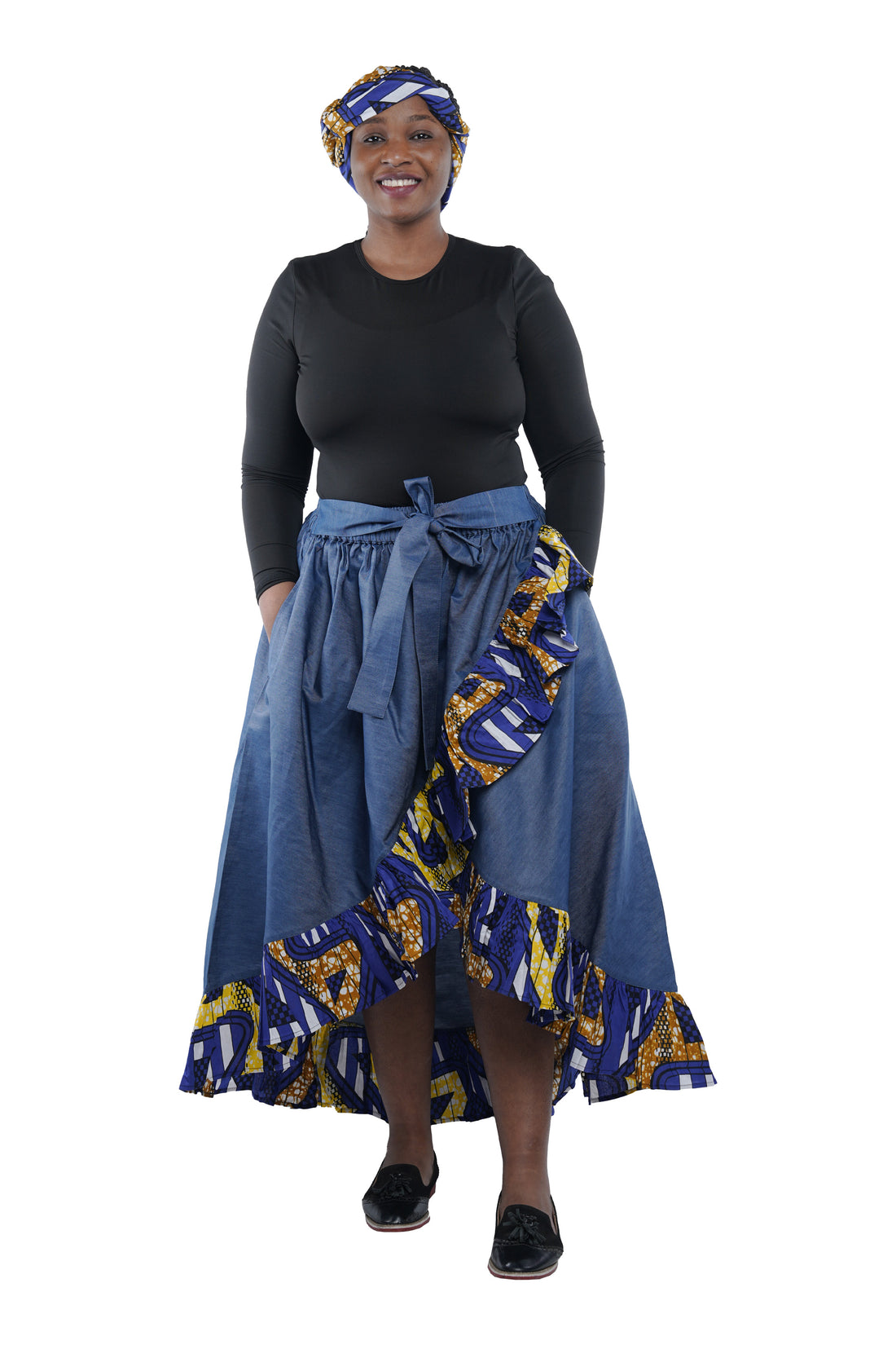 Denim African Trim High Low Ruffled Skirt