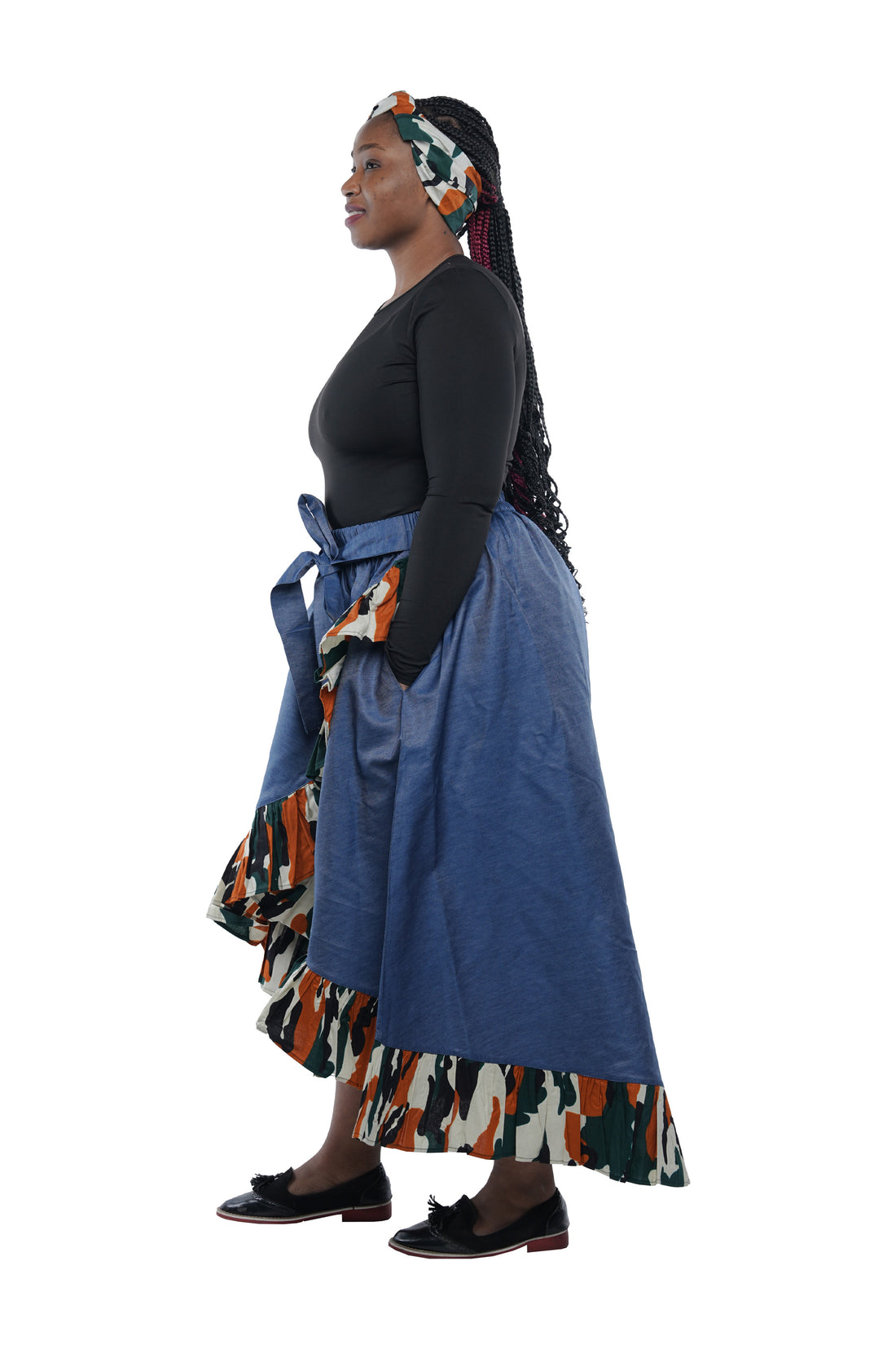 Denim African Trim High Low Ruffled Skirt