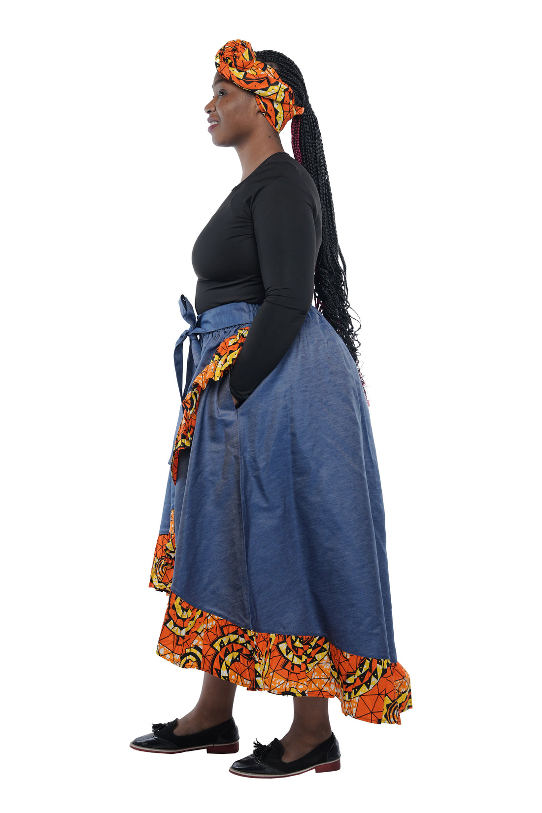 Denim African Trim High Low Ruffled Skirt