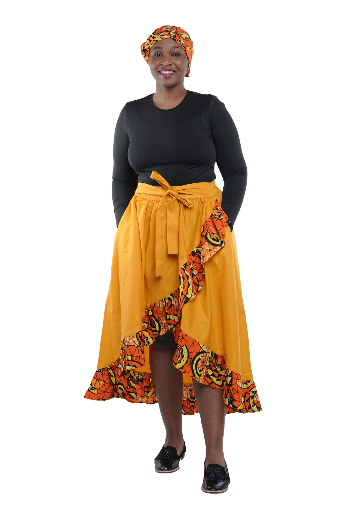 Mustard African Trim High Low Ruffled Skirt