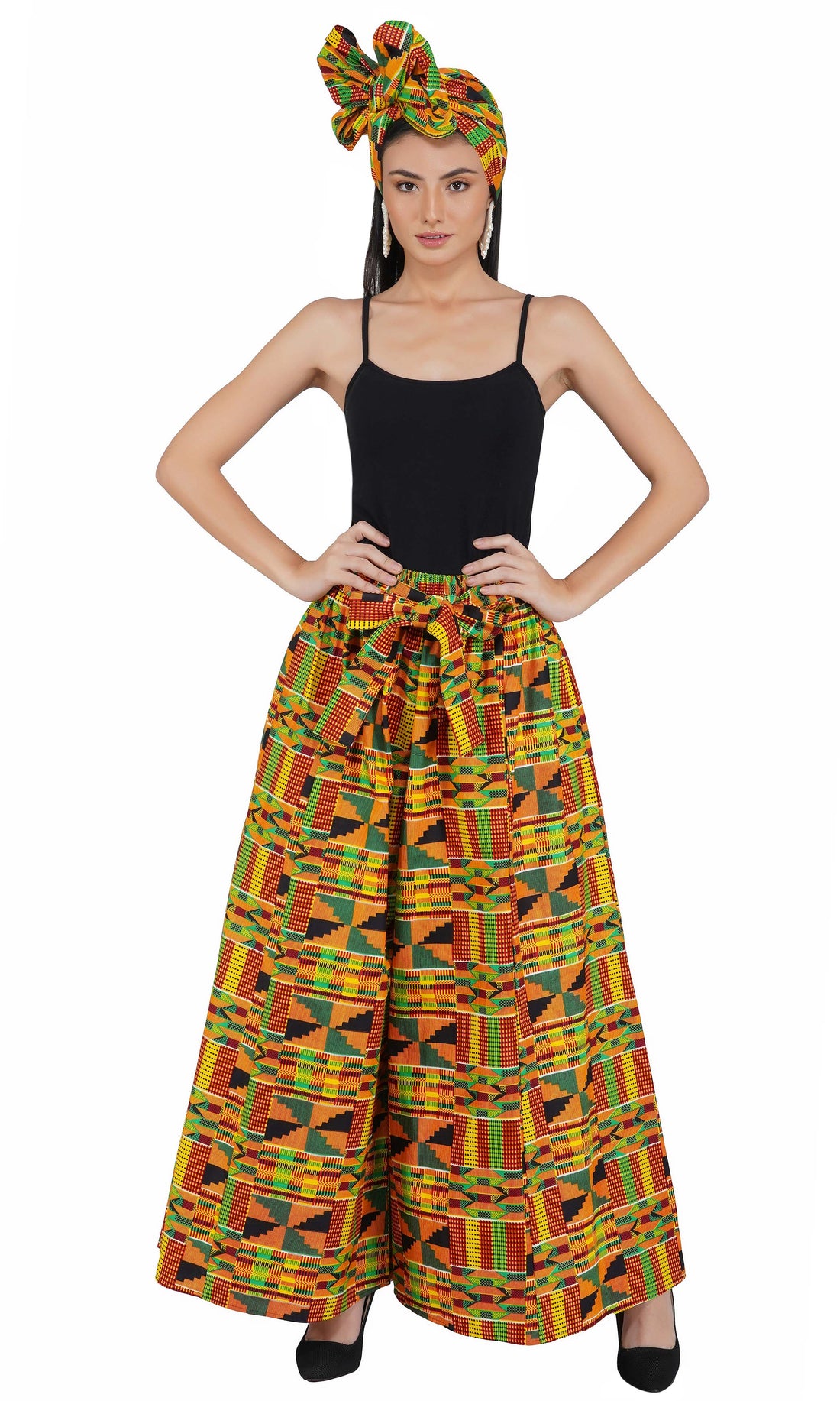 African Palazzo Pants Set w/ Headwrap | Wide Leg Cotton Pants w/ Belts &amp; Pockets, One Size Ankara