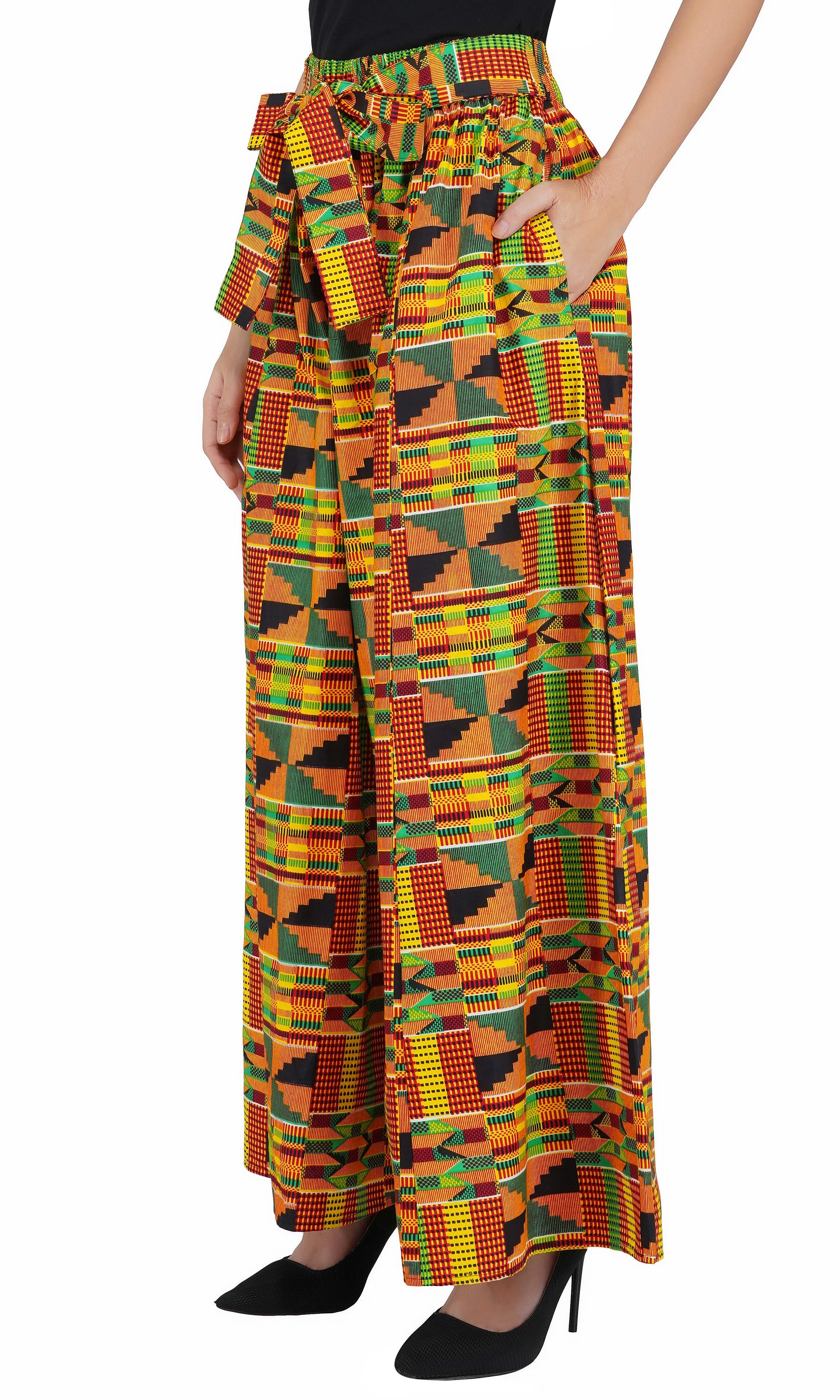 African Palazzo Pants Set w/ Headwrap | Wide Leg Cotton Pants w/ Belts &amp; Pockets, One Size Ankara
