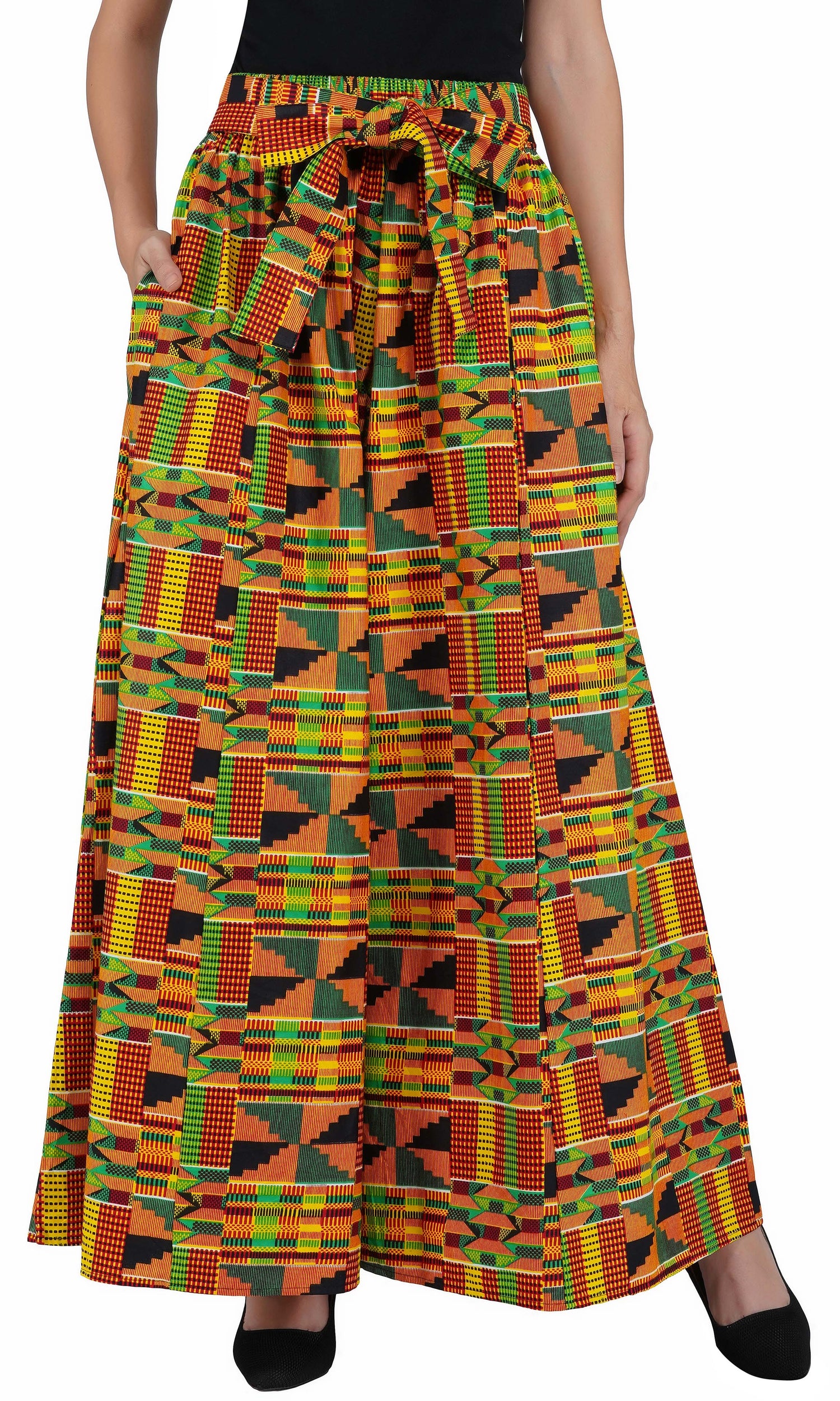 African Palazzo Pants Set w/ Headwrap | Wide Leg Cotton Pants w/ Belts &amp; Pockets, One Size Ankara