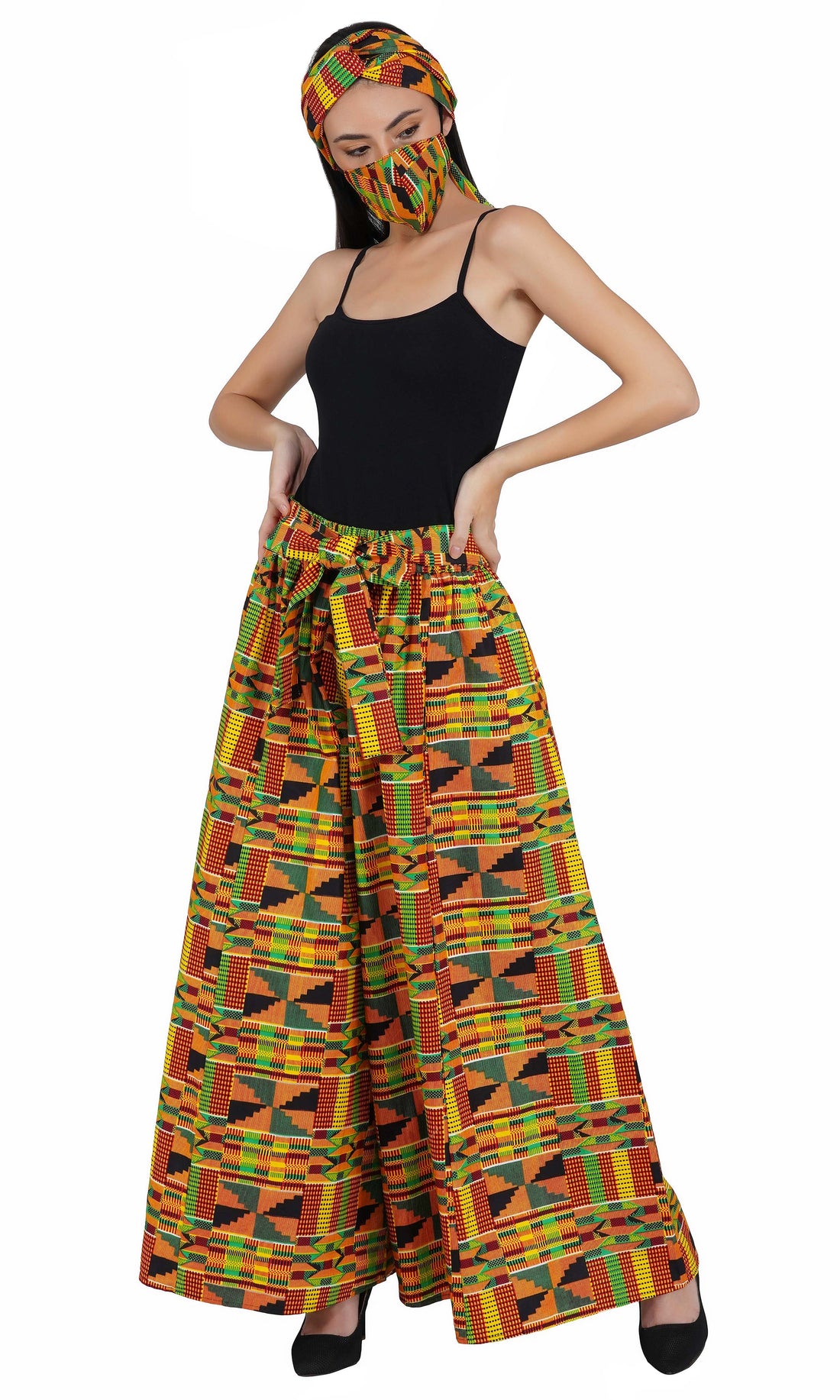 African Palazzo Pants Set w/ Headwrap | Wide Leg Cotton Pants w/ Belts &amp; Pockets, One Size Ankara