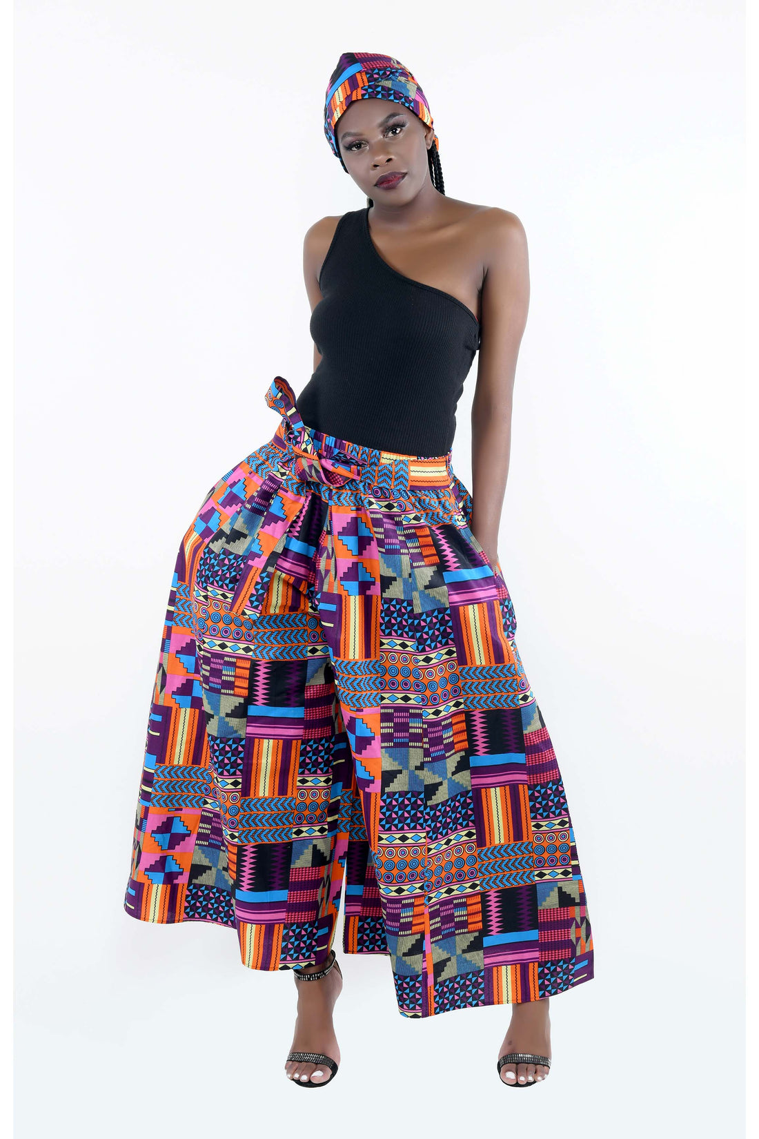 African Palazzo Pants Set w/ Headwrap | Wide Leg Cotton Pants w/ Belts &amp; Pockets, One Size Ankara