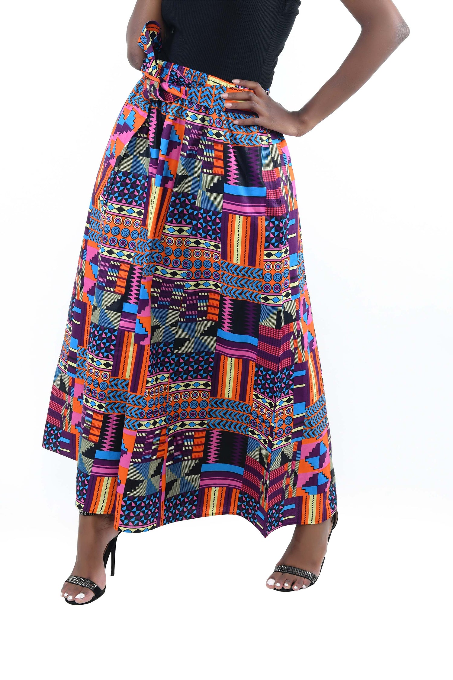 African Palazzo Pants Set w/ Headwrap | Wide Leg Cotton Pants w/ Belts &amp; Pockets, One Size Ankara