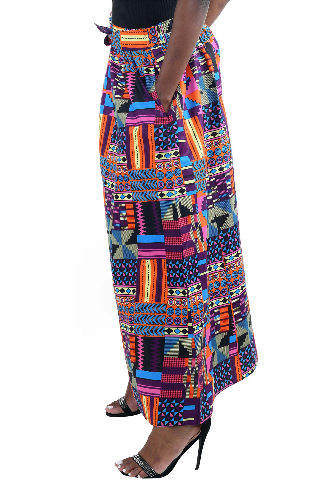African Palazzo Pants Set w/ Headwrap | Wide Leg Cotton Pants w/ Belts &amp; Pockets, One Size Ankara