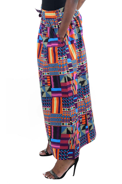 African Palazzo Pants Set w/ Headwrap | Wide Leg Cotton Pants w/ Belts &amp; Pockets, One Size Ankara