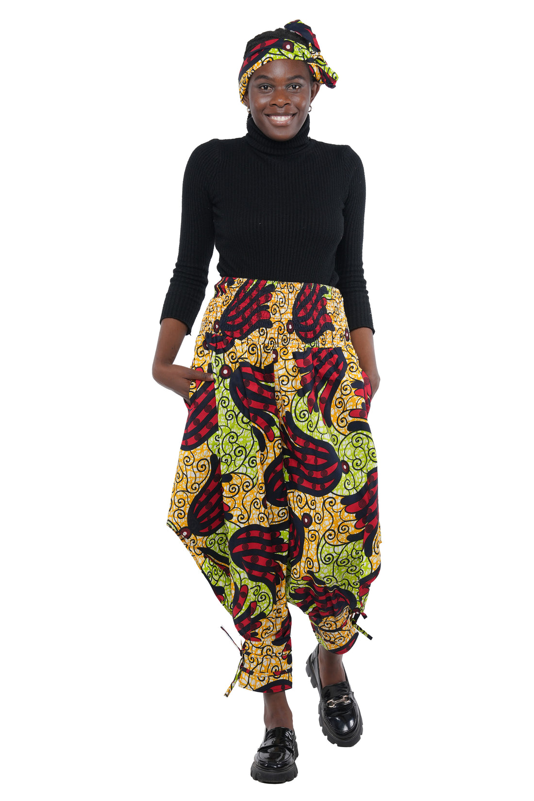African Smocked Waist Harem Pants W/Ties 100% Cotton Two Pockets & Wrap One Size
