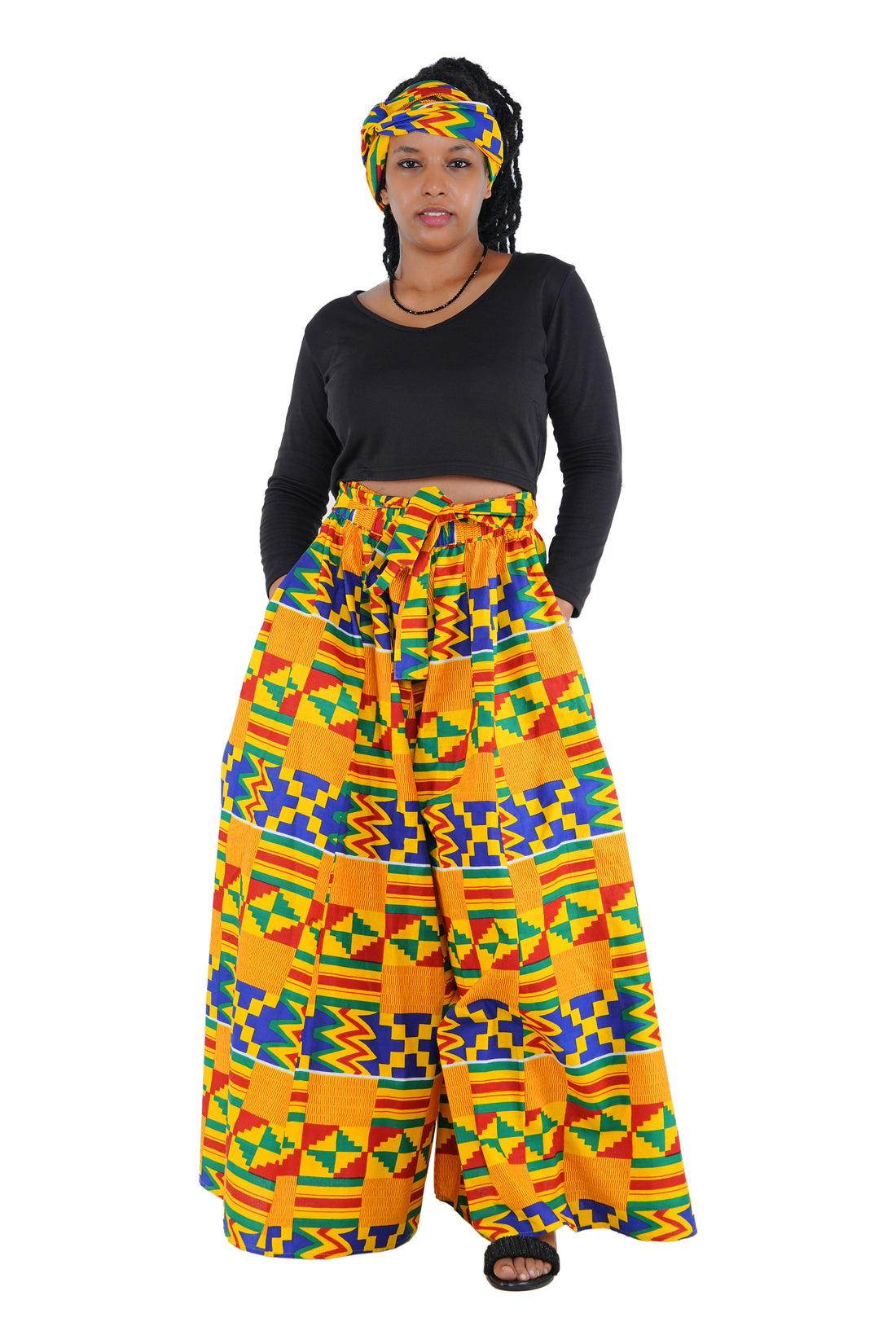 African Palazzo Pants Set w/ Headwrap | Wide Leg Cotton Pants w/ Belts & Pockets, One Size Ankara