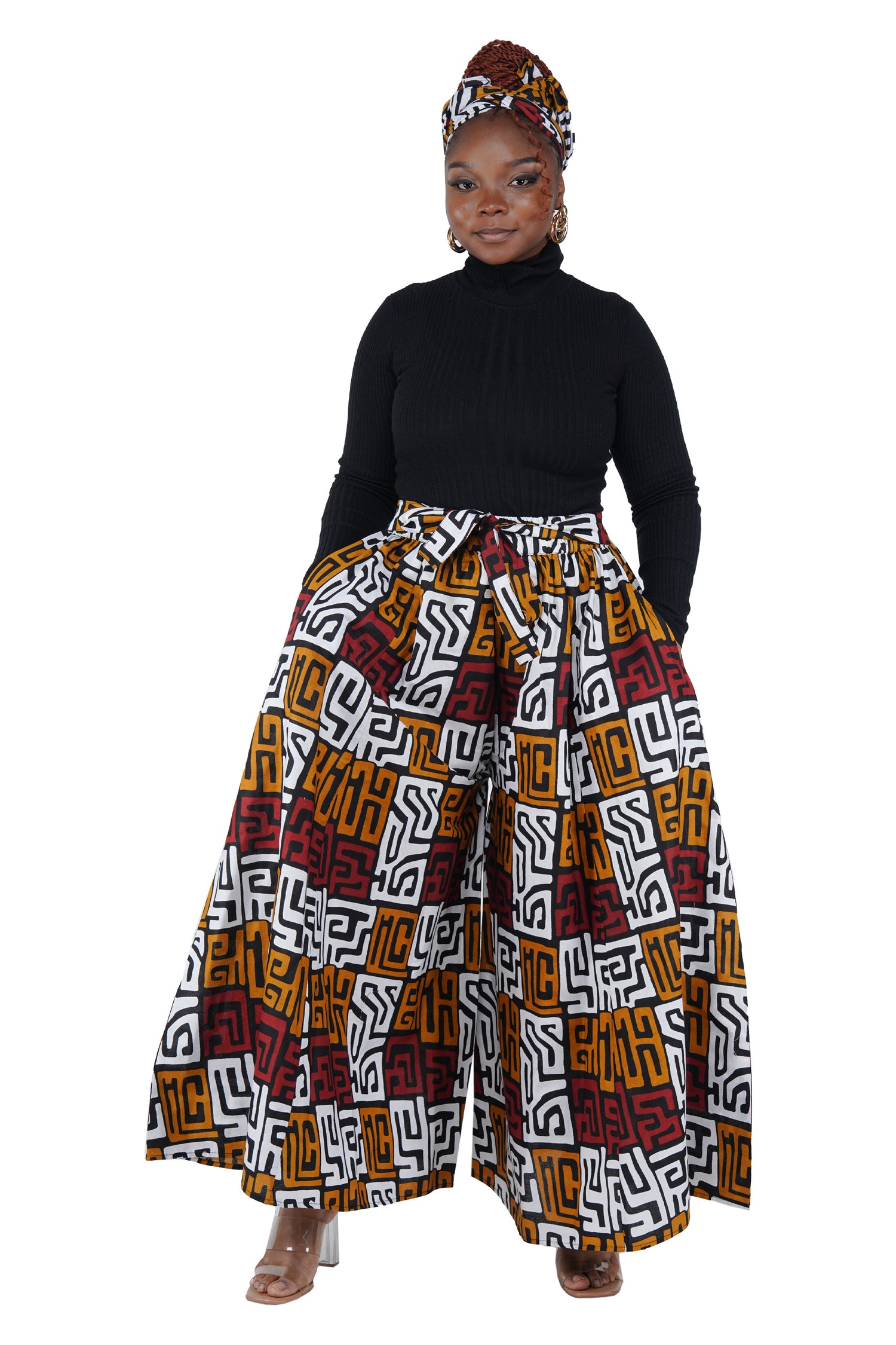 African Palazzo Pants Set w/ Headwrap | Wide Leg Cotton Pants w/ Belts &amp; Pockets, One Size
