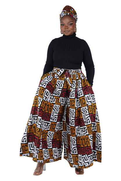 African Palazzo Pants Set w/ Headwrap | Wide Leg Cotton Pants w/ Belts &amp; Pockets, One Size
