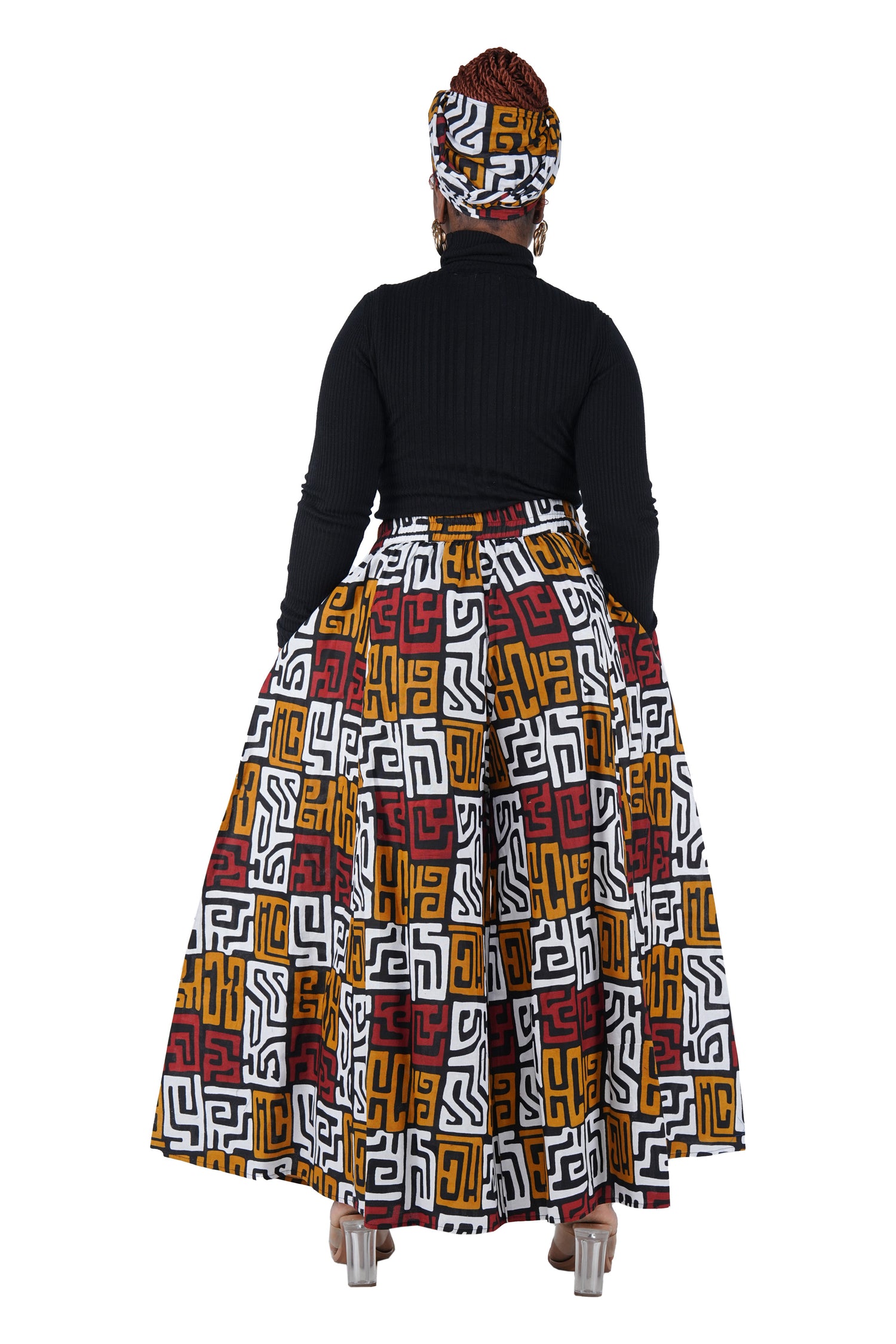 African Palazzo Pants Set w/ Headwrap | Wide Leg Cotton Pants w/ Belts &amp; Pockets, One Size