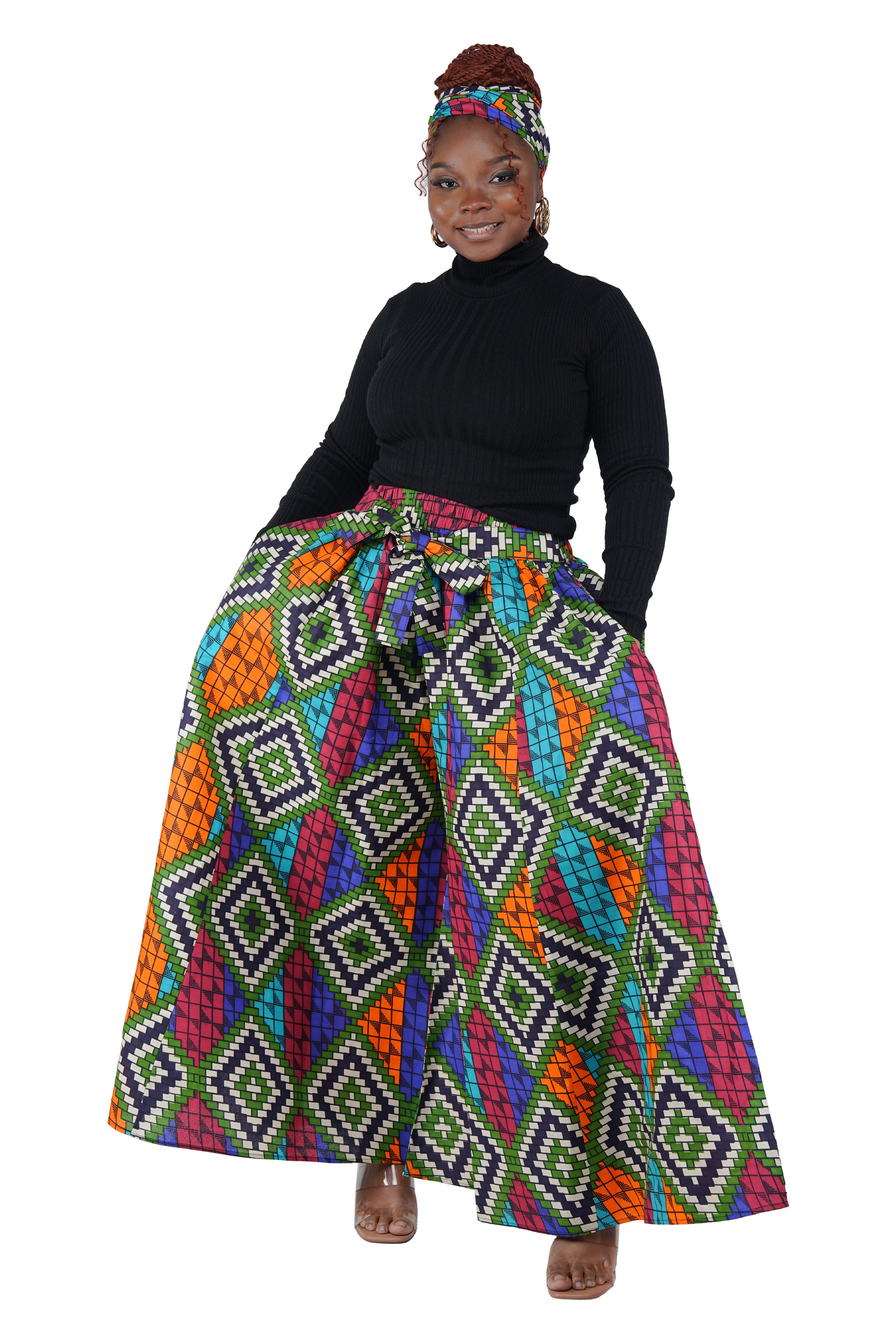 African Palazzo Pants Set w/ Headwrap | Wide Leg Cotton Pants w/ Belts &amp; Pockets, One Size
