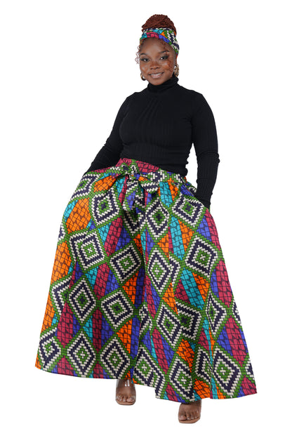 African Palazzo Pants Set w/ Headwrap | Wide Leg Cotton Pants w/ Belts &amp; Pockets, One Size