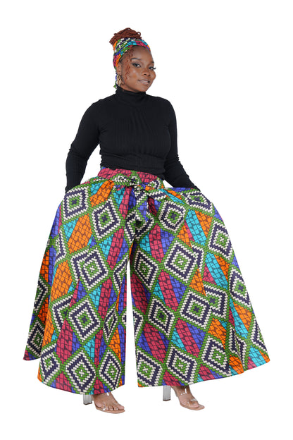 African Palazzo Pants Set w/ Headwrap | Wide Leg Cotton Pants w/ Belts &amp; Pockets, One Size