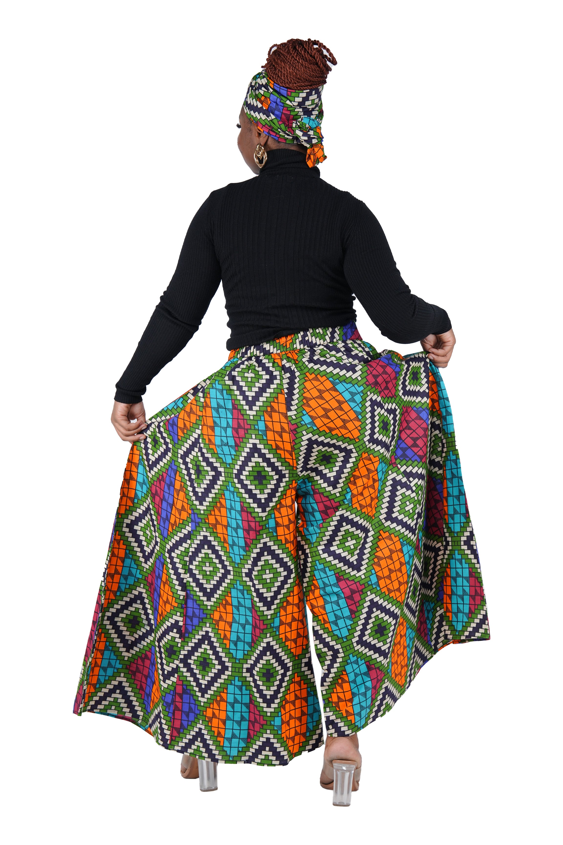 African Palazzo Pants Set w/ Headwrap | Wide Leg Cotton Pants w/ Belts &amp; Pockets, One Size