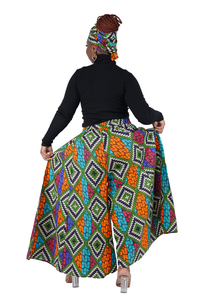 African Palazzo Pants Set w/ Headwrap | Wide Leg Cotton Pants w/ Belts &amp; Pockets, One Size