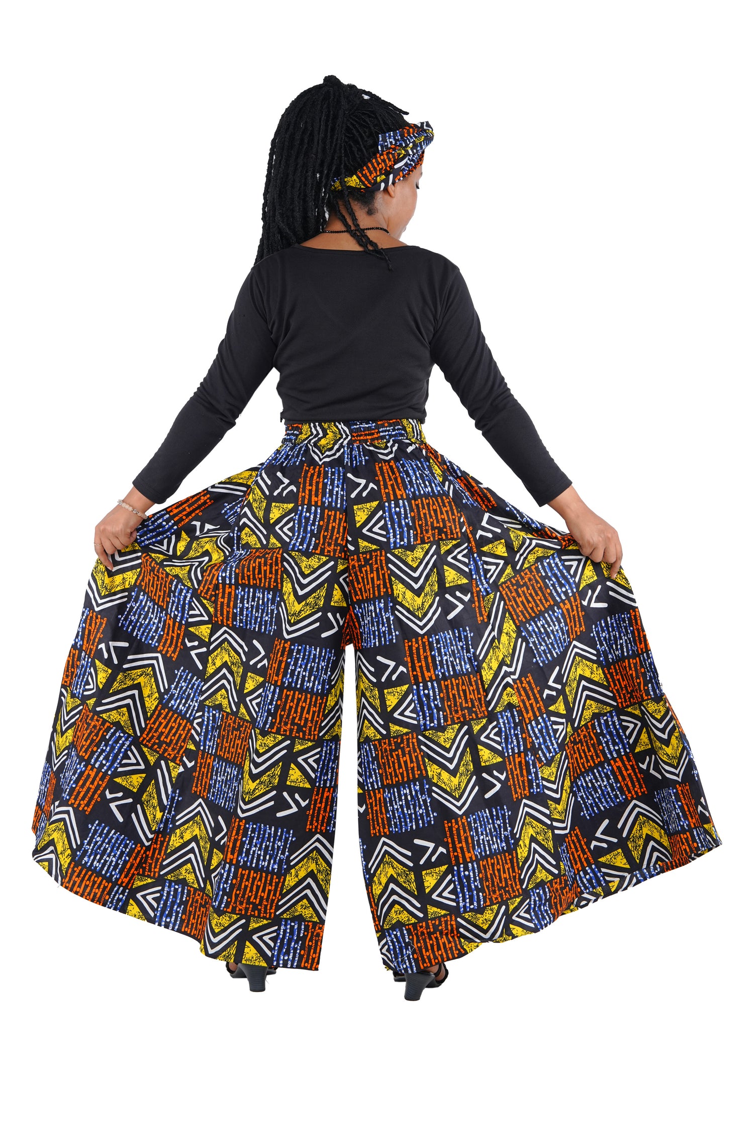 African Palazzo Pants Set w/ Headwrap | Wide Leg Cotton Pants w/ Belts &amp; Pockets, One Size Ankara