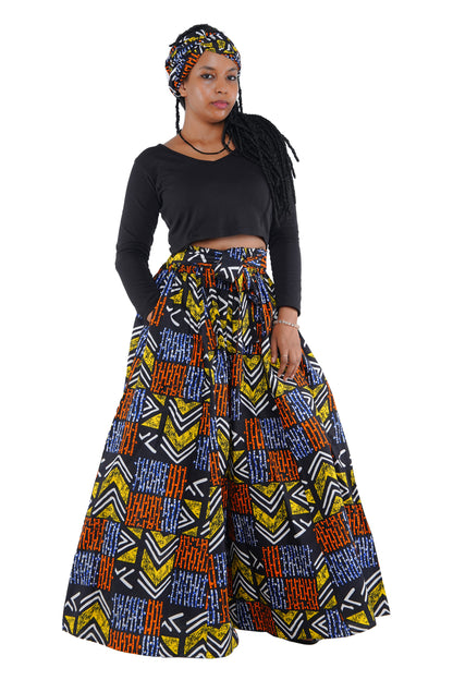 African Palazzo Pants Set w/ Headwrap | Wide Leg Cotton Pants w/ Belts &amp; Pockets, One Size Ankara