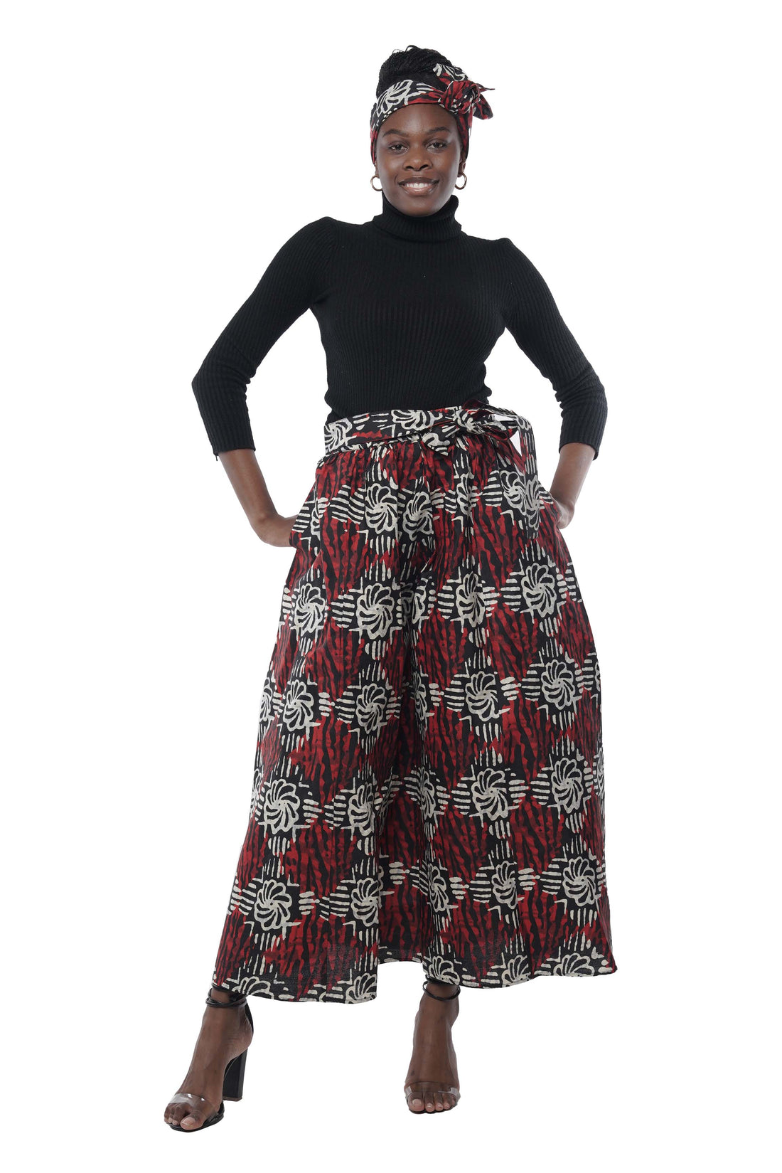 African Palazzo Pants Set w/ Headwrap | Wide Leg Cotton Pants w/ Belts &amp; Pockets, One Size Ankara