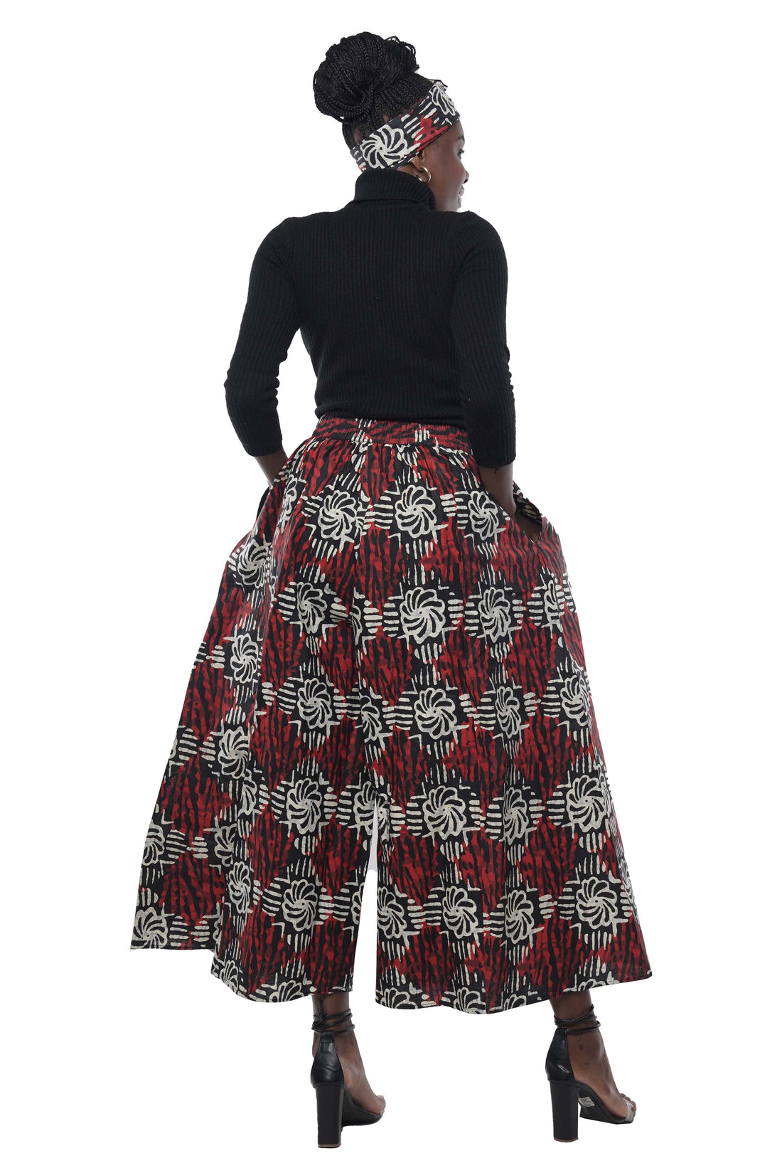 African Palazzo Pants Set w/ Headwrap | Wide Leg Cotton Pants w/ Belts &amp; Pockets, One Size Ankara